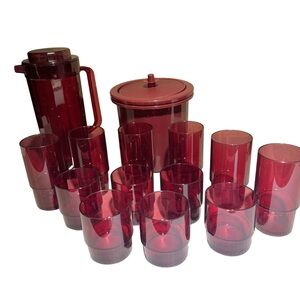 Tupperware VTG Preludio Cranberry Red Pitcher Cups and Ice Bucket Party Picnic